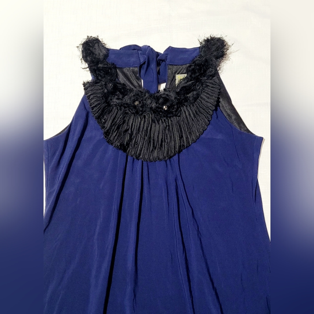 Taylor Navy Blue Pleated With Black Ruffle Sleeveless Shift Tent Tunic Dress 4 - Picture 2 of 10
